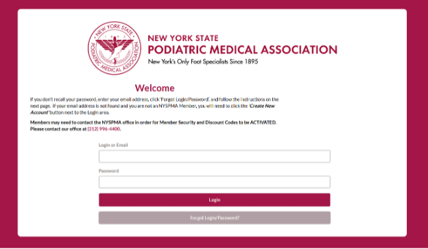 NYSPMA login page with fields for login or email and password, and a 'Forgot Login/Password?' option. The header reads 'New York State Podiatric Medical Association: New York's Only Foot Specialists Since 1895.'